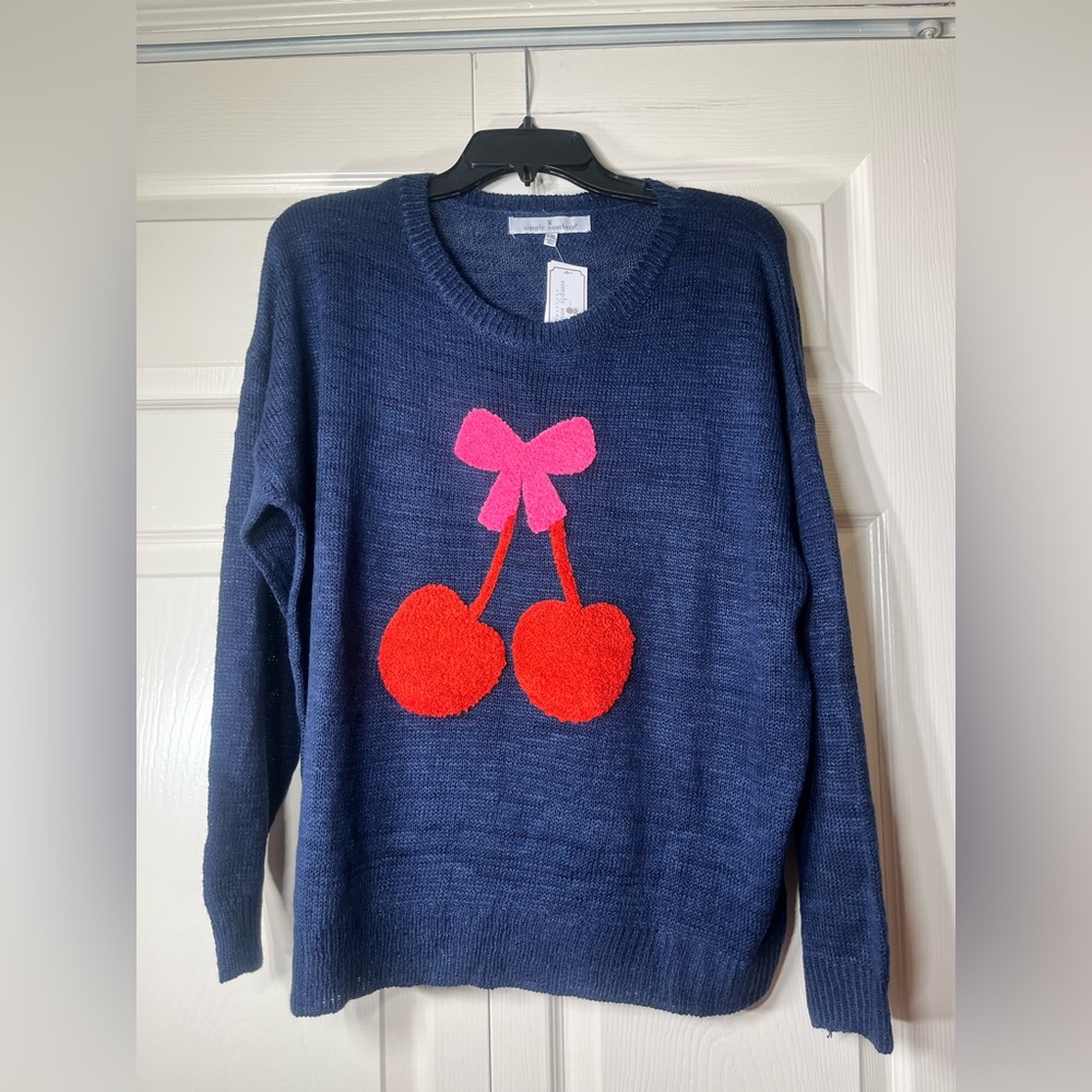Simply Southern Women’s Navy Cherry Sweater Size Large/XL - Picture 4 of 5